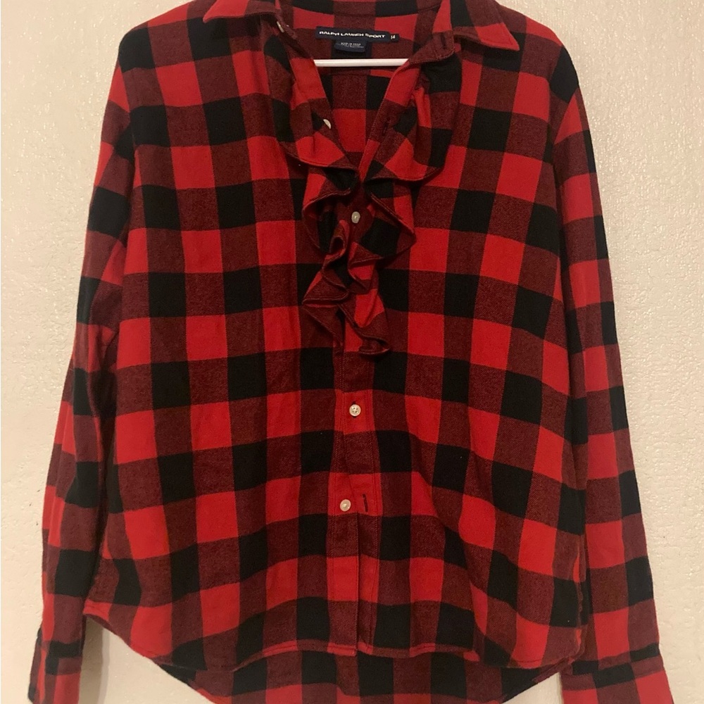 Ralph Lauren Sport women’s Red and Black Plaid  Ruffled  collar Flannel Shirt, L